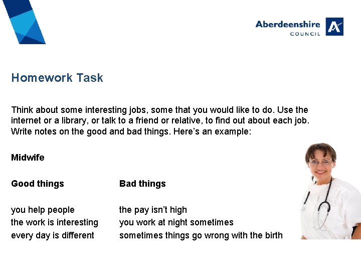 Homework Task Think about some interesting jobs, some that you would like to do.