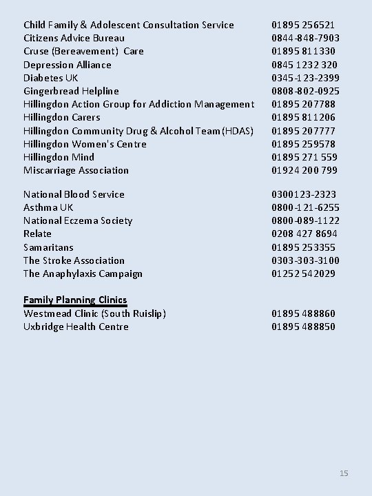 Child Family & Adolescent Consultation Service Citizens Advice Bureau Cruse (Bereavement) Care Depression Alliance