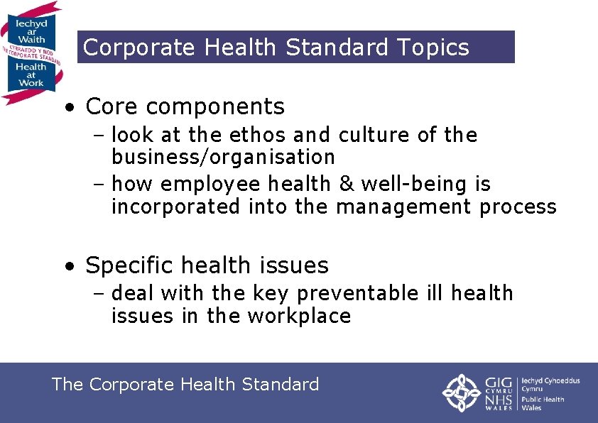 Corporate Health Standard Topics • Core components – look at the ethos and culture