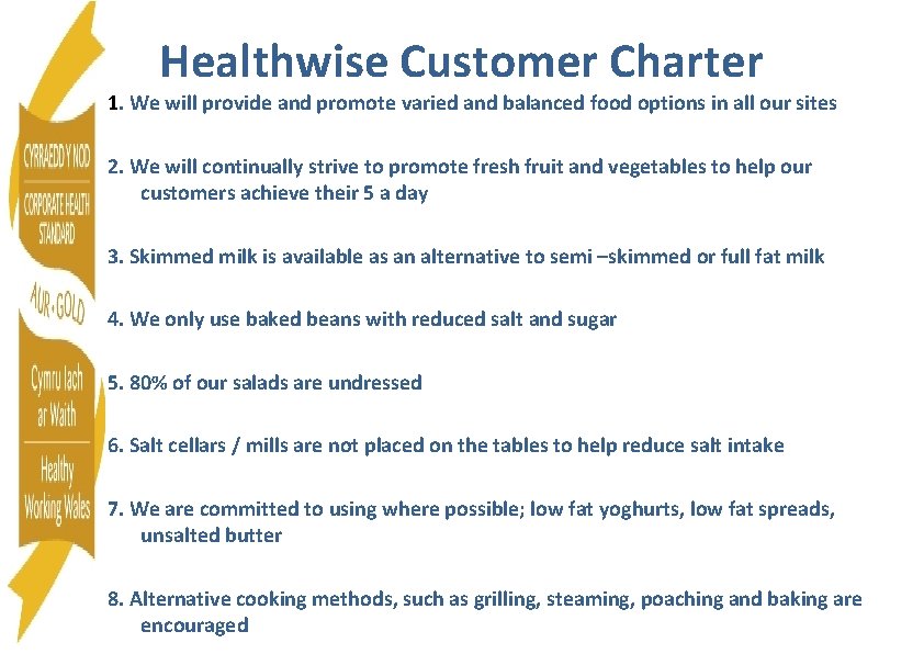 Healthwise Customer Charter 1. We will provide and promote varied and balanced food options