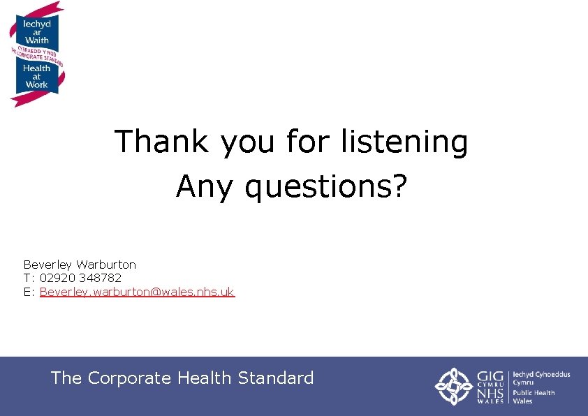 Thank you for listening Any questions? Beverley Warburton T: 02920 348782 E: Beverley. warburton@wales.