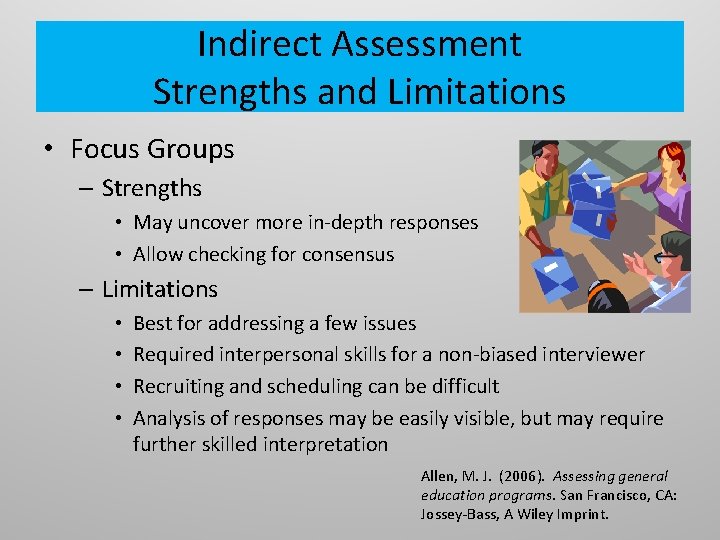 Indirect Assessment Strengths and Limitations • Focus Groups – Strengths • May uncover more