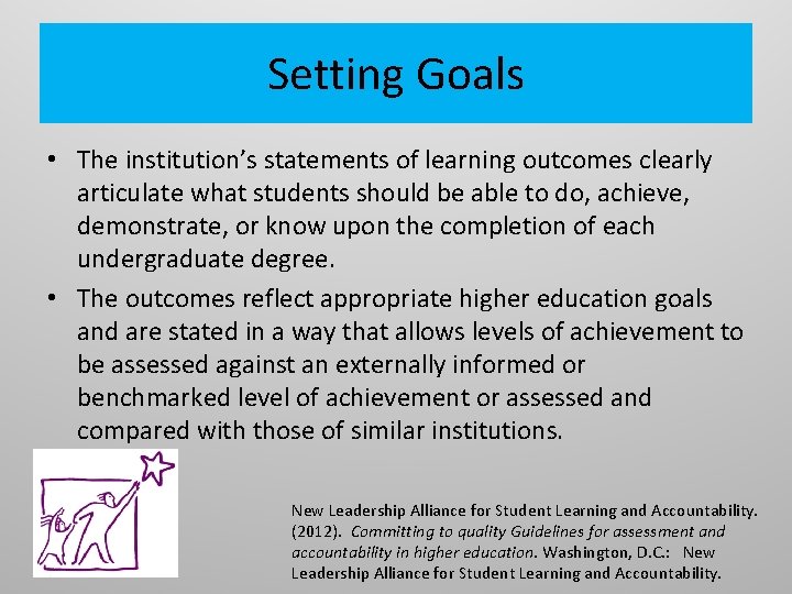 Setting Goals • The institution’s statements of learning outcomes clearly articulate what students should
