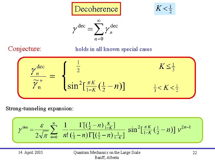 Decoherence Conjecture: holds in all known special cases Strong-tunneling expansion: 14. April 2003 Quantum