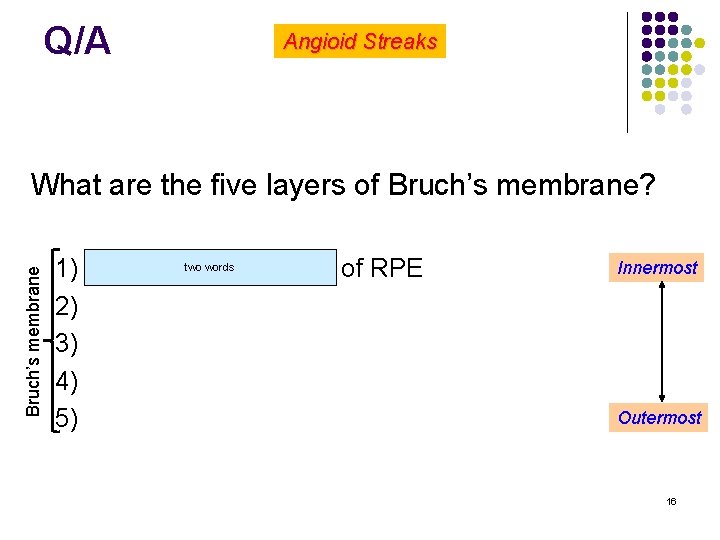 Q/A Angioid Streaks Bruch’s membrane What are the five layers of Bruch’s membrane? two