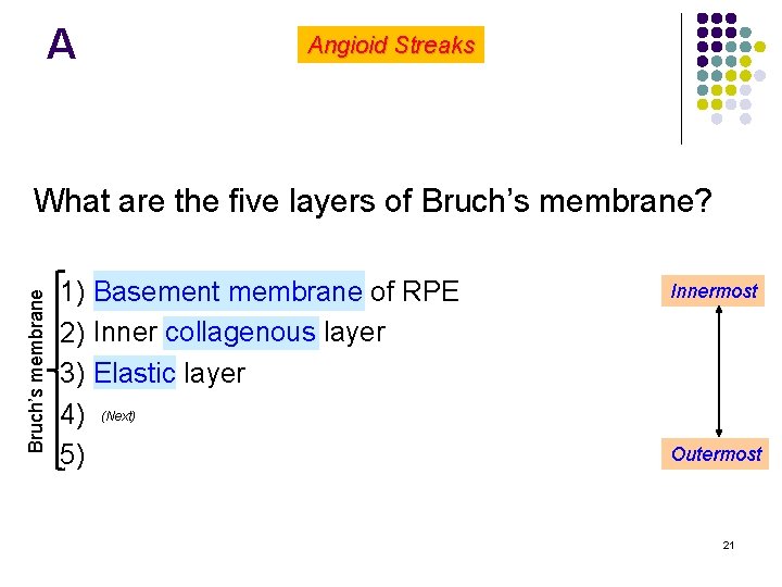 A Angioid Streaks Bruch’s membrane What are the five layers of Bruch’s membrane? l