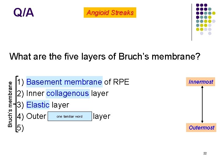 Q/A Angioid Streaks Bruch’s membrane What are the five layers of Bruch’s membrane? l