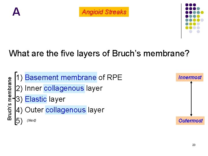 A Angioid Streaks Bruch’s membrane What are the five layers of Bruch’s membrane? l