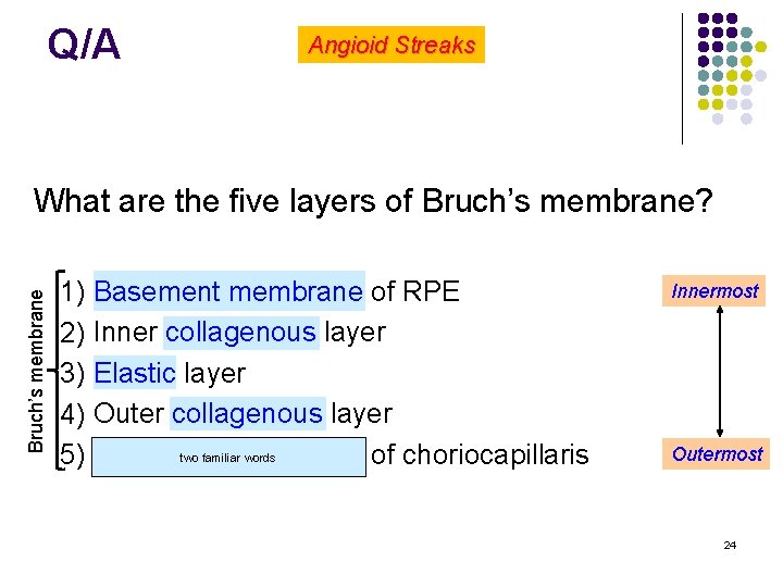 Q/A Angioid Streaks Bruch’s membrane What are the five layers of Bruch’s membrane? l