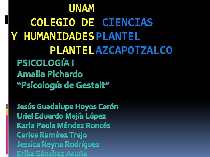 UNAM COLEGIO DE CIENCIAS Y HUMANIDADES PLANTEL AZCAPOTZALCO PSICOLOGÍA I Amalia Pichardo “Psicología de