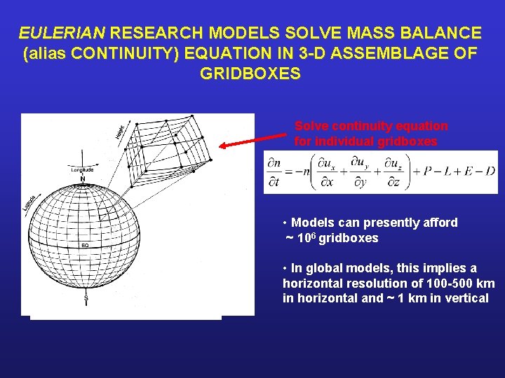 EULERIAN RESEARCH MODELS SOLVE MASS BALANCE (alias CONTINUITY) EQUATION IN 3 -D ASSEMBLAGE OF