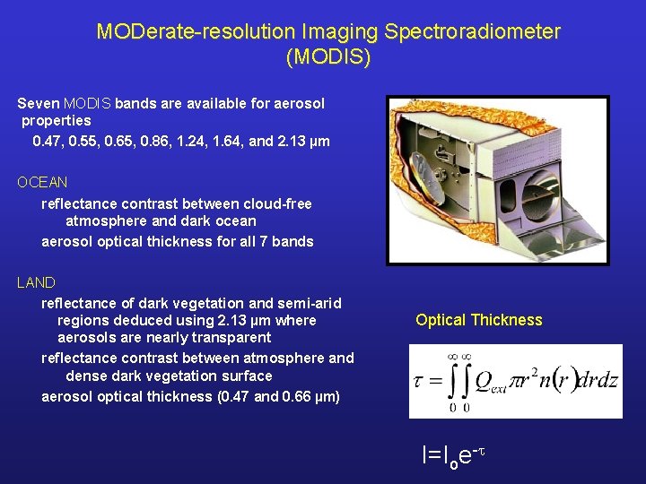 MODerate-resolution Imaging Spectroradiometer (MODIS) Seven MODIS bands are available for aerosol properties 0. 47,