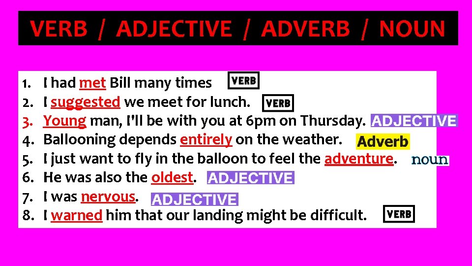 VERB / ADJECTIVE / ADVERB / NOUN 1. 2. 3. 4. 5. 6. 7.