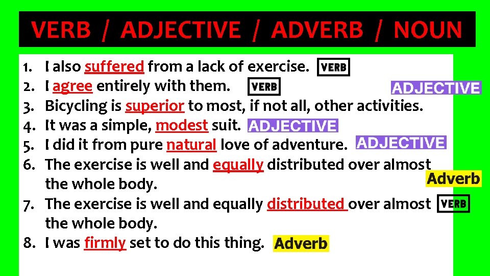 VERB / ADJECTIVE / ADVERB / NOUN 1. 2. 3. 4. 5. 6. I