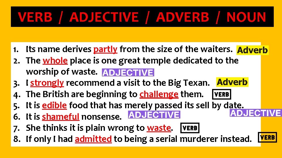VERB / ADJECTIVE / ADVERB / NOUN 1. Its name derives partly from the