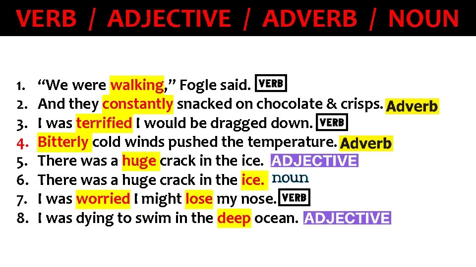 VERB / ADJECTIVE / ADVERB / NOUN 1. 2. 3. 4. 5. 6. 7.