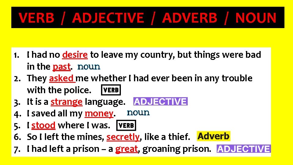 VERB / ADJECTIVE / ADVERB / NOUN 1. I had no desire to leave