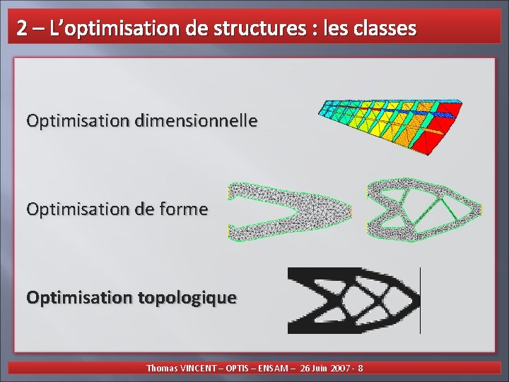  2 – L’optimisation de structures : les classes Optimisation dimensionnelle Optimisation de forme