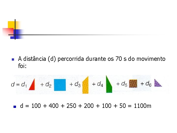 n A distância (d) percorrida durante os 70 s do movimento foi: d =
