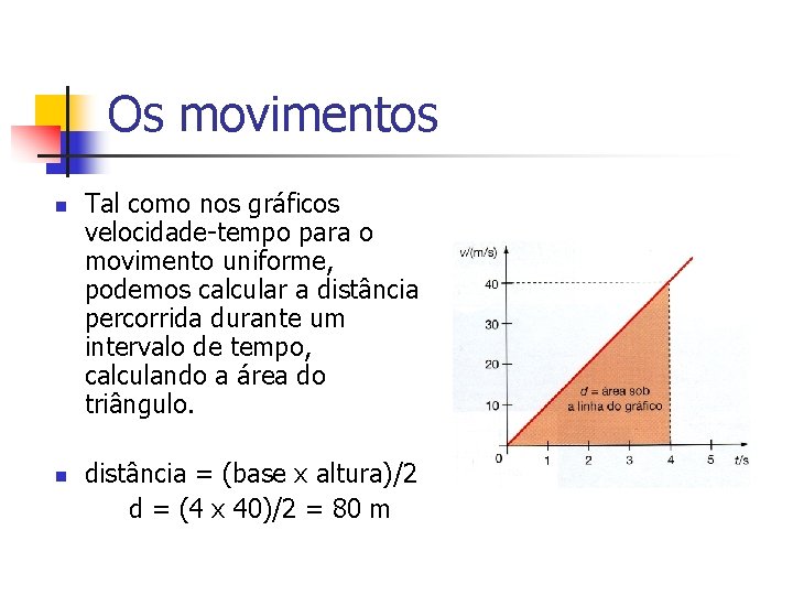 Os movimentos n n Tal como nos gráficos velocidade-tempo para o movimento uniforme, podemos