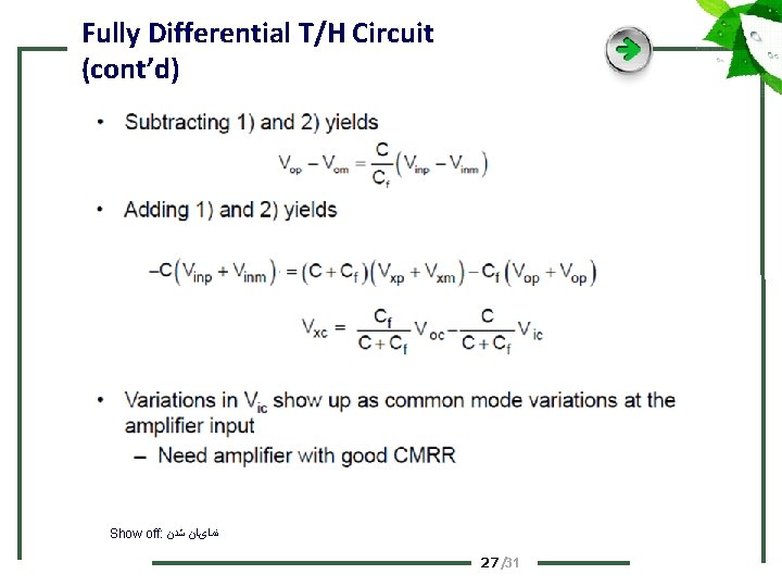 Fully Differential T/H Circuit (cont’d) Show off: ﻧﻤﺎیﺎﻥ ﺷﺪﻥ 27 /31 