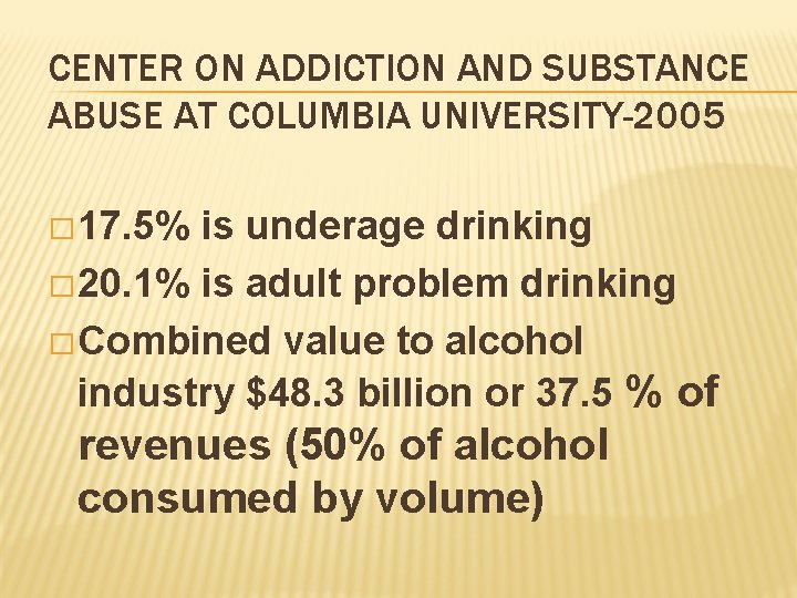 CENTER ON ADDICTION AND SUBSTANCE ABUSE AT COLUMBIA UNIVERSITY-2005 � 17. 5% is underage