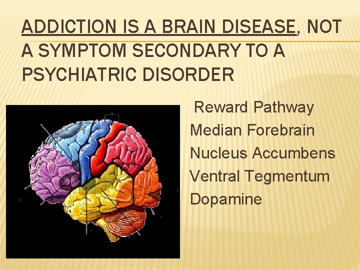 ADDICTION IS A BRAIN DISEASE, NOT A SYMPTOM SECONDARY TO A PSYCHIATRIC DISORDER Reward