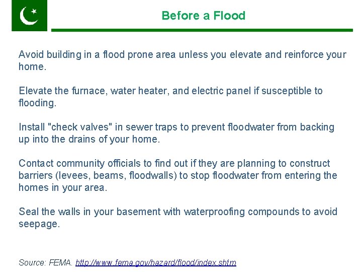 Before a Flood Pakistan Avoid building in a flood prone area unless you elevate