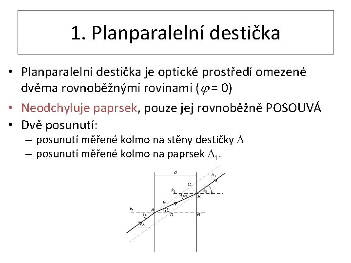 1. Planparalelní destička • Planparalelní destička je optické prostředí omezené dvěma rovnoběžnými rovinami (