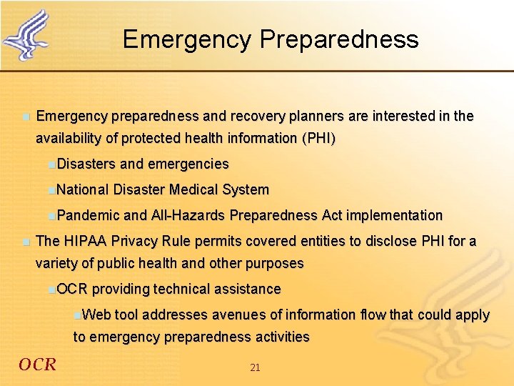 Emergency Preparedness n Emergency preparedness and recovery planners are interested in the availability of