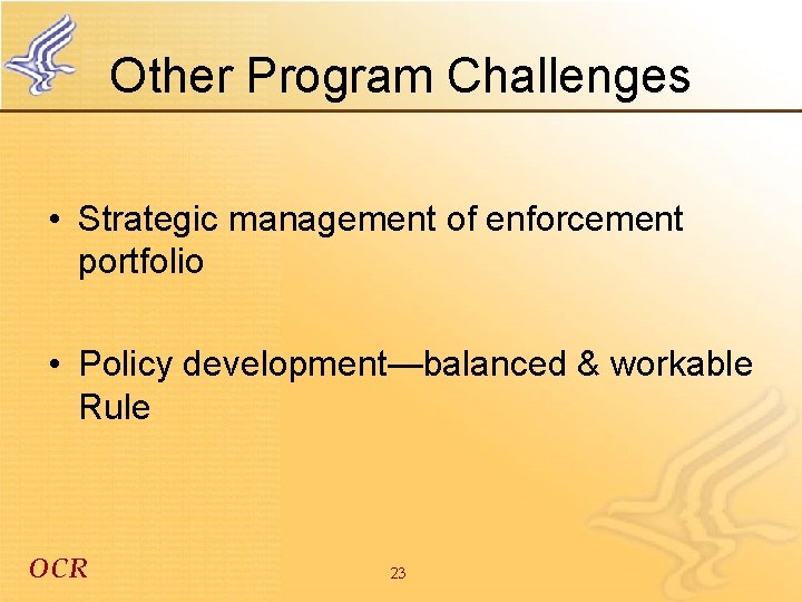 Other Program Challenges • Strategic management of enforcement portfolio • Policy development—balanced & workable