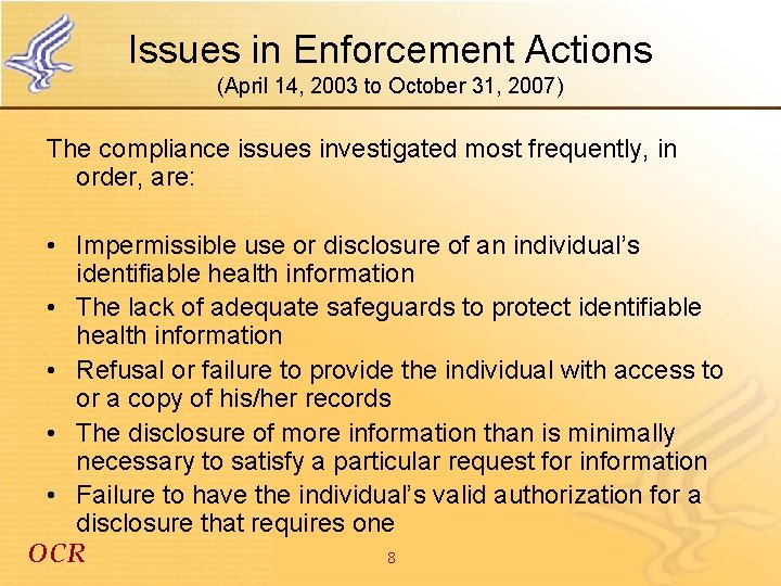 Issues in Enforcement Actions (April 14, 2003 to October 31, 2007) The compliance issues