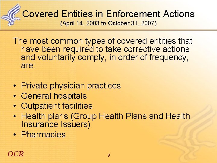 Covered Entities in Enforcement Actions (April 14, 2003 to October 31, 2007) The most