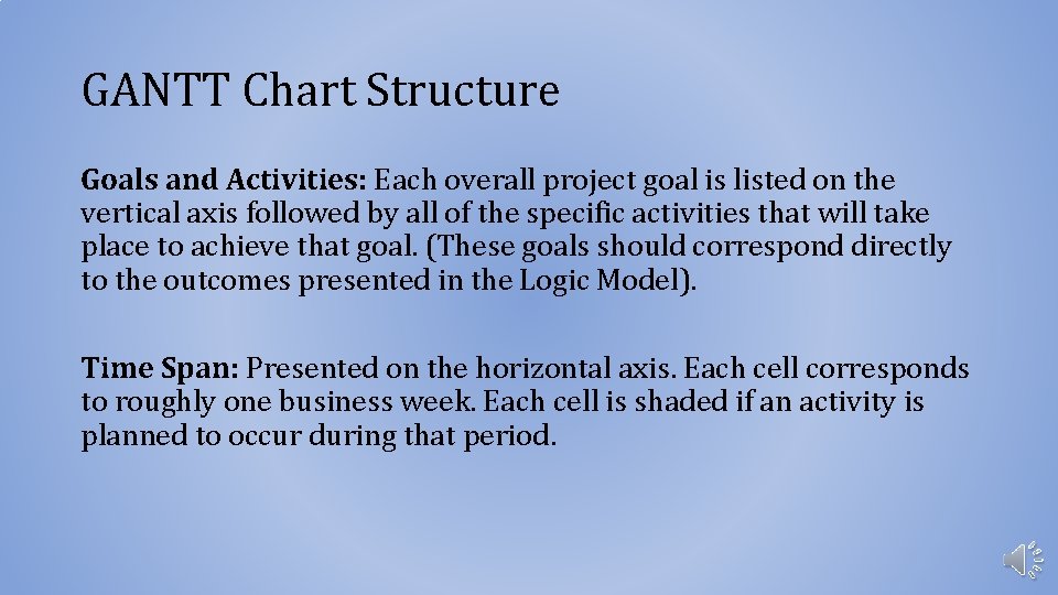 GANTT Chart Structure Goals and Activities: Each overall project goal is listed on the