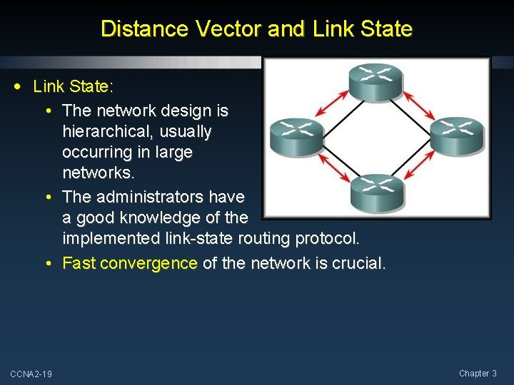 Distance Vector and Link State • Link State: • The network design is hierarchical,