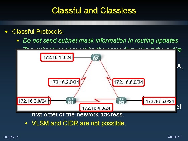 Classful and Classless • Classful Protocols: • Do not send subnet mask information in