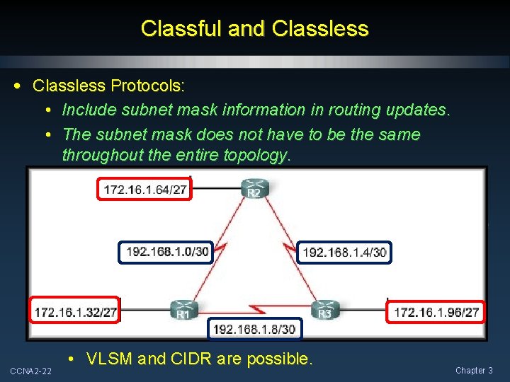 Classful and Classless • Classless Protocols: • Include subnet mask information in routing updates.