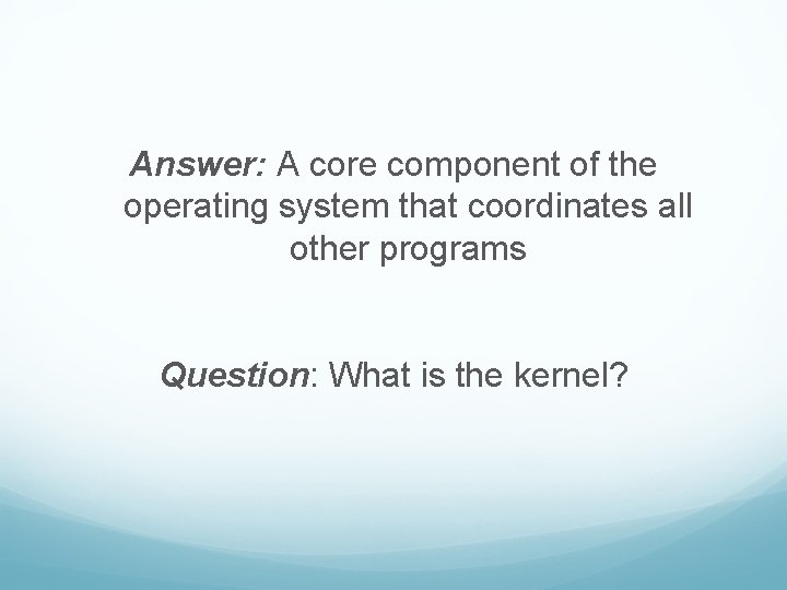 Answer: A core component of the operating system that coordinates all other programs Question: