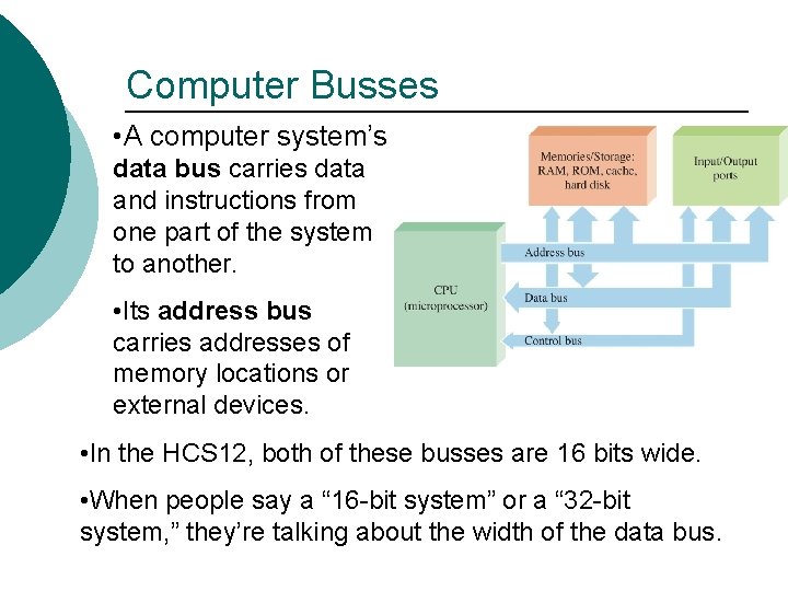 Computer Busses • A computer system’s data bus carries data and instructions from one