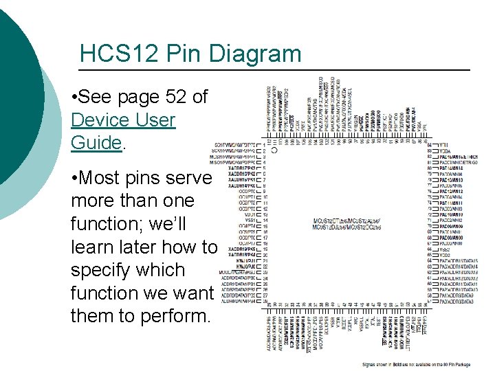 HCS 12 Pin Diagram • See page 52 of Device User Guide. • Most