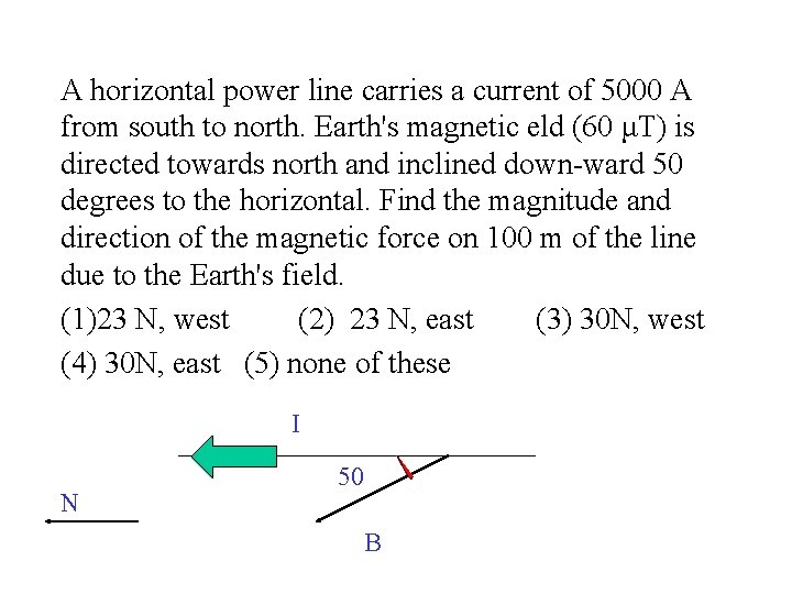 A horizontal power line carries a current of 5000 A from south to north.