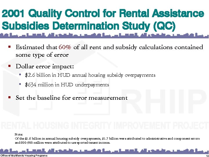 2001 Quality Control for Rental Assistance Subsidies Determination Study (QC) § Estimated that 60%
