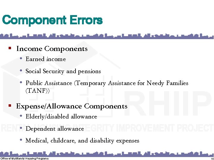 Component Errors § Income Components • Earned income • Social Security and pensions •