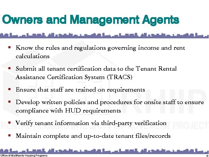 Owners and Management Agents § Know the rules and regulations governing income and rent