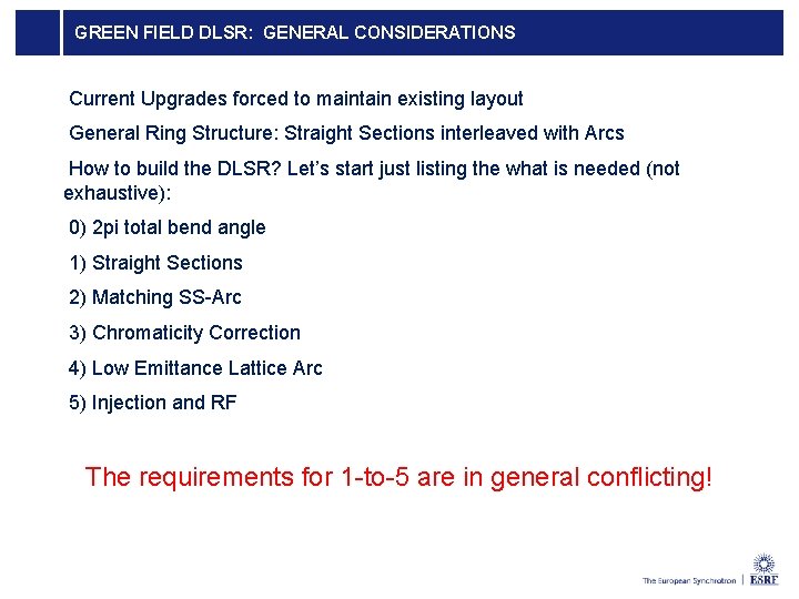 GREEN FIELD DLSR: GENERAL CONSIDERATIONS Current Upgrades forced to maintain existing layout General Ring GREEN FIELD DLSR: GENERAL CONSIDERATIONS Current Upgrades forced to maintain existing layout General Ring