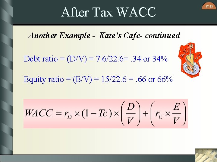 After Tax WACC Another Example - Kate’s Cafe- continued Debt ratio = (D/V) = After Tax WACC Another Example - Kate’s Cafe- continued Debt ratio = (D/V) =