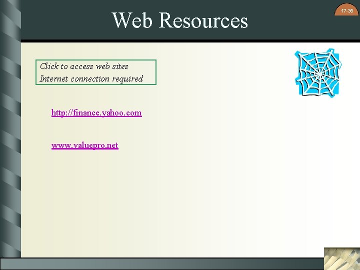 Web Resources Click to access web sites Internet connection required http: //finance. yahoo. com Web Resources Click to access web sites Internet connection required http: //finance. yahoo. com