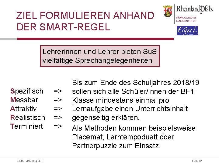 ZIEL FORMULIEREN ANHAND DER SMART-REGEL Lehrerinnen und Lehrer bieten Su. S vielfältige Sprechangelegenheiten. Spezifisch