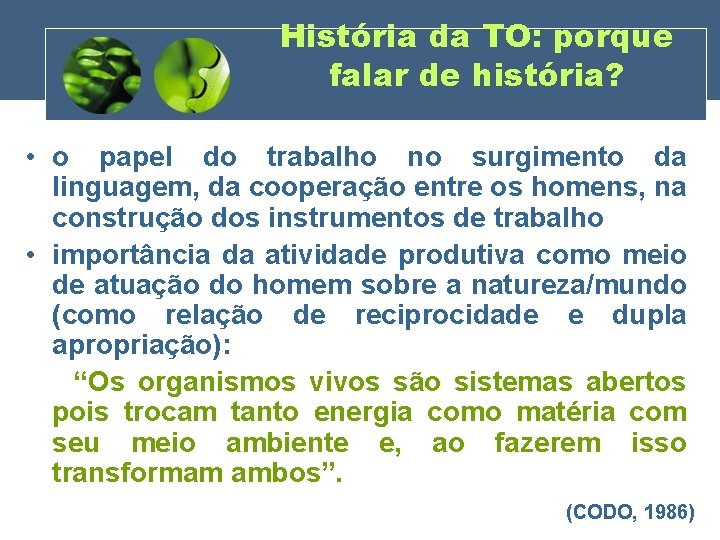 História da TO: porque falar de história? • o papel do trabalho no surgimento