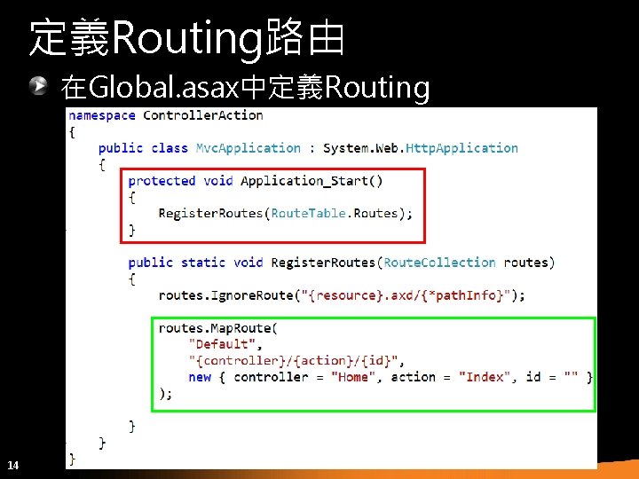 定義Routing路由 在Global. asax中定義Routing 14 